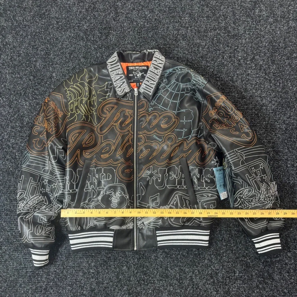 True Religion Trophy Retro Bomber Jacket Black Faux Leather SMS Sample 110342 M